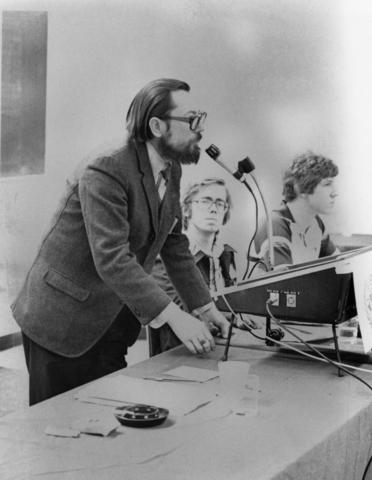 Image of William Peterfi speaking at a Model UN competition 1975